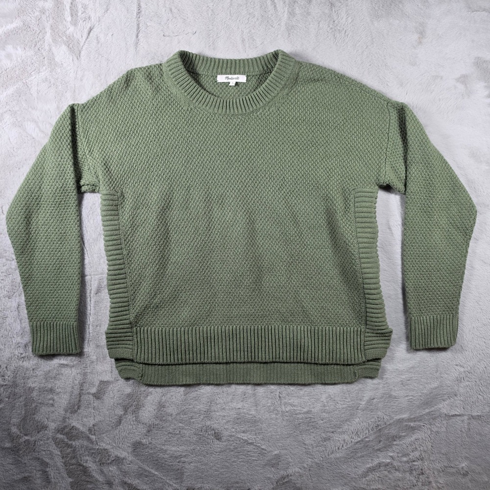 Madewell‎ Sweater Womens Small Green Textured Cotton Blend Crewneck Ribbed Side